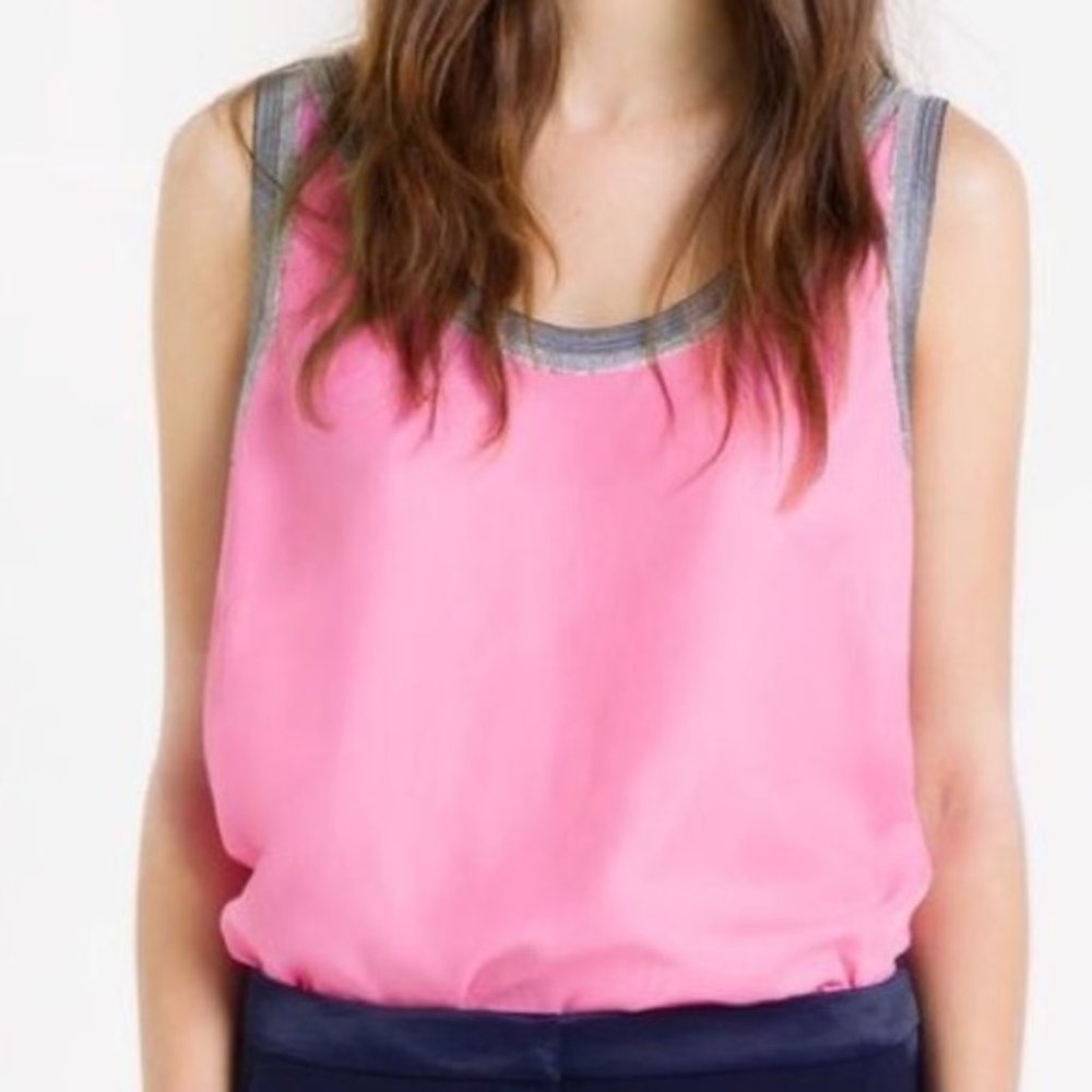NWT Sandro Paris "Emiline" Viscose Pink Tank with Indigo/Silver Trim, Size 8/L